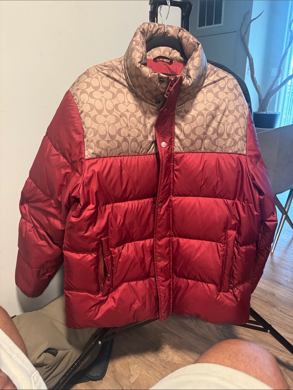 Coach Red Puffer Jacket with Signature Print Yoke